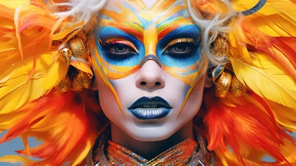 Fotobehang beautiful young woman with creative make up and carnival mask, closeup generativa IA © Victor