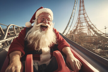 Santa Claus riding roller coaster at amusement park. Ai generative art - obrazy, fototapety, plakaty