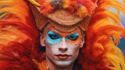 Portrait of a beautiful woman in carnival costume with orange feathers generativa IA