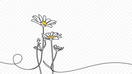 Cercles muraux Une ligne Continuous one line drawing of beautiful wild flowers chamomile vector design. Single line art illustration of nature landscape with beautiful field meadow flowers daisy on transparent background