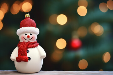 Cute Snowman Claus Doll with Copy Space on Vintage Christmas Tree Background - Created with Generative AI Tools
