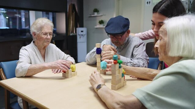 Nurse and elder people resolving puzzle skill game together