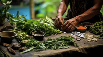 Fotobehang man preparing spices and medicinal herbs. © Yahor Shylau 