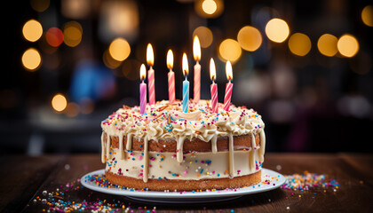 Homemade happy birthday cake with candles, balloons and confetti background. Holiday banner
