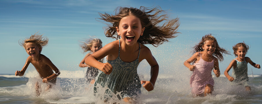 Happy young girls running through the sunny beach
