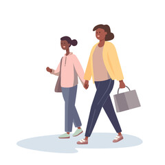People walk. Flat characters walking. a mom and daughter are walking down the street. Color cartoon characters, minimalistic design, flat illustration.