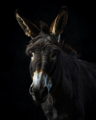 A photo of a donkey or mule, on black background
