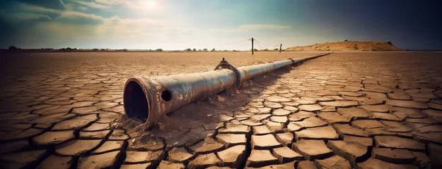 Foto op Plexiglas Old water pipe in the dry cracked desert. The global shortage of water on the planet. © Igor Tichonow
