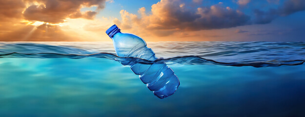 a discarded plastic rubbish bottle floats on ocean water surface on a presenting a hazard to all marine life - obrazy, fototapety, plakaty