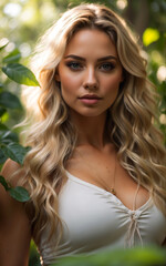 Fototapeta premium A beautiful portrait of a blonde woman in the forest.