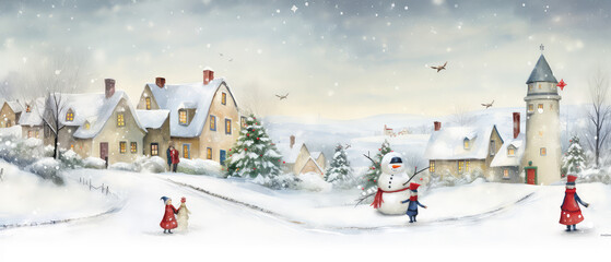 Christmas card, village houses in winter snow landscape,kids making snowman, snowflakes falling from sky