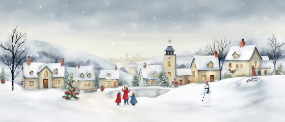 Christmas card, village houses in winter snow landscape,kids making snowman, snowflakes falling from sky - obrazy, fototapety, plakaty