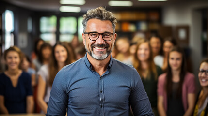 Fototapeta premium Belt portrait of smiling male teacher in a class at school or university. Looking at camera with learning students on background. High quality.