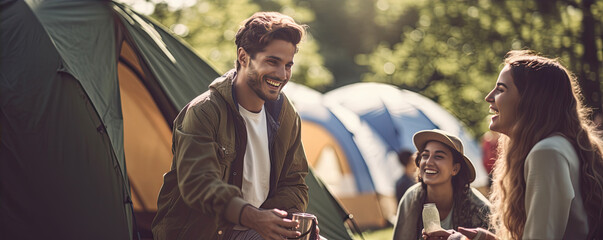 Happy people camping in nature. Company of young people have an adventure in the forest.