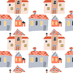 A pattern of Scandinavian multicolored houses, doodle hand drawn , cartoon flat .Illustrations of buildings, children's drawings. For kids or other design uses . On white background .