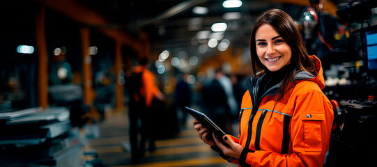 European female engineer using tablet computer to check production process