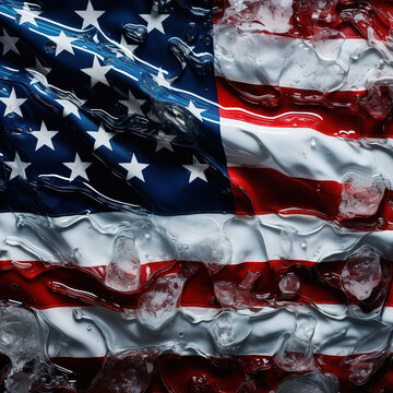 USA flag frozen cold with ice from environmental problem winter ecology