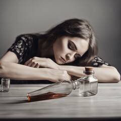 Smutna załamana kobieta w depresji z butelką - obrazy, fototapety, plakaty