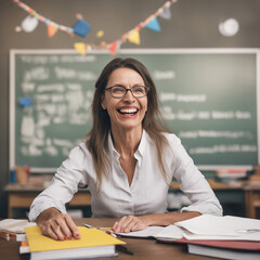 Uśmiechnięta nauczycielka w klasie na lekcji
