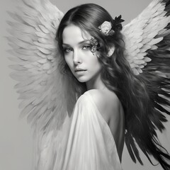 Kobieta anioł z białymi i czarnymi skrzydłami - obrazy, fototapety, plakaty