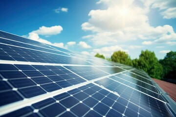 Solar panel on blue sky background. Panels installed in straight long rows. Green grass and cloudy sky. - obrazy, fototapety, plakaty