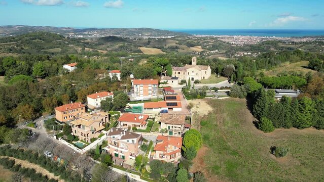 aerial view of the village of Candelara in the province of Pesaro and Urbino in the Marche region. The village is famous for the candle festival.