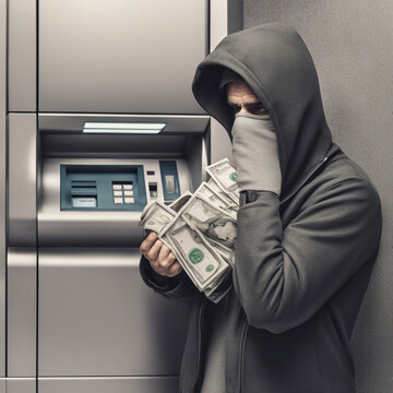 Złodziej z pieniędzmi przy bankomacie