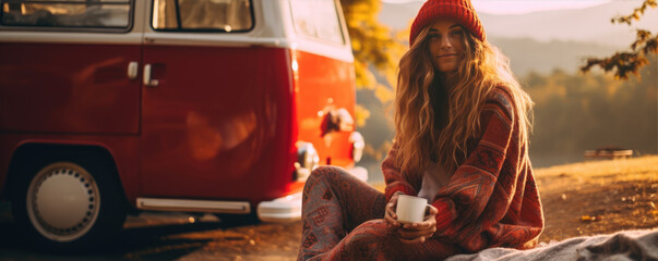 Happy woman drinking coffee in nature near her caravan. Woman at adveture. Panoramatic view at sunset from campervan.