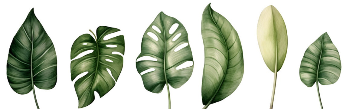 Collection of watercolor wild tropical leaves hand-drawn. Jungle plant leaves isolated on white background. Monstera, banana, palm leaf. Watercolor botanical illustration.