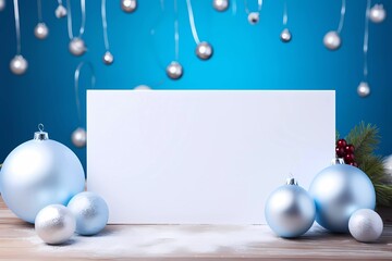 Naklejka na ściany i meble Blue and white empty background with a chrismas decorations. Copy space for text. Good for banners