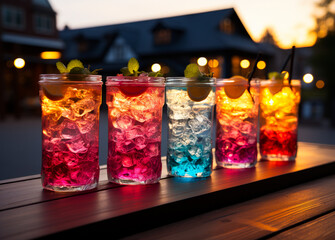 A Row of Vibrant Beverages on a Rustic Wooden Table