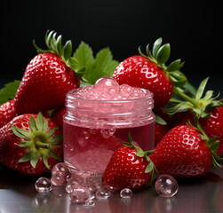 A Refreshing Jar of Delightful Pink Elixir Surrounded by Juicy, Sweet, Vibrant Strawberries