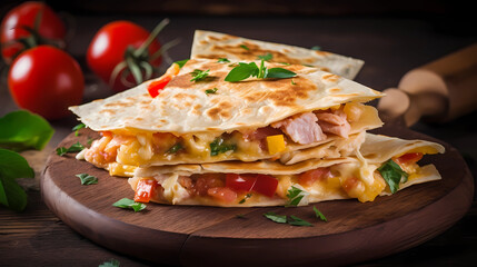 Mexican tortilla quesadilla with scramble eggs, vegetables, ham and cheese  - obrazy, fototapety, plakaty