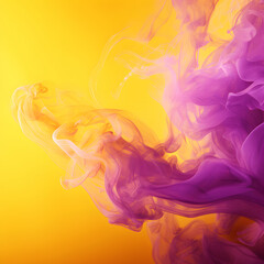 Strands of dense pink purple smoke against a bright yellow background, the color of summer, exotic vacation.