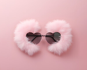 Obraz premium Heart shaped sunglasses, fluffy pink fur frame, creative love holiday layout.