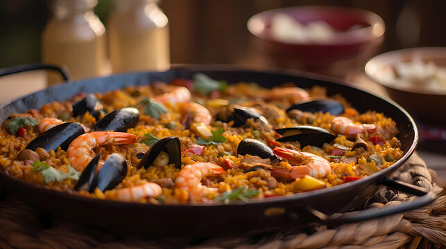 Traditional Seafood Paella With Shrimp Served In Paellera