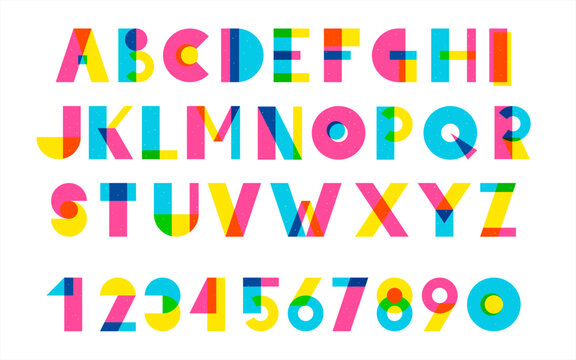 Alphabet, numbers illustration. Trendy brutalist geometric font style. Riso, risograph print effect. Big colorful layered letters, characters set, collection. Banners, posters bright modern template 