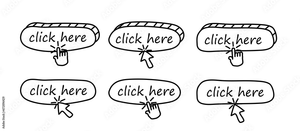 Aufkleber click here, push button. set of vector modern web buttons, cartoon style