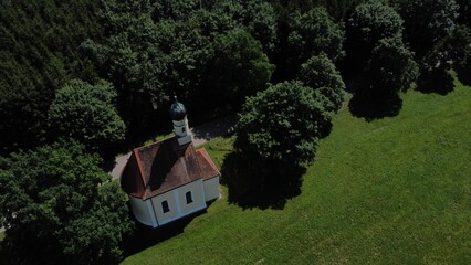 Aerial view of the Chapel Maria Eich surrounded by lush greenery in Germany
