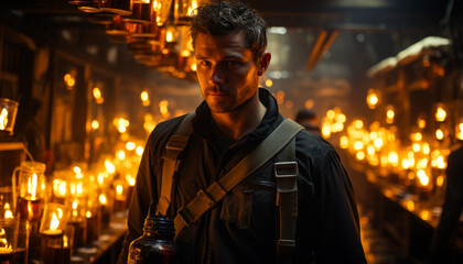 Obraz premium A Solitary Figure Amidst the Glow of Countless Flickering Flames