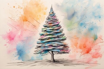 An ethereal and delicate abstract oil painting, vibrant pastel colors splashing and blending in harmonious chaos. At its core stands a majestic Christmas tree. Generative Ai.