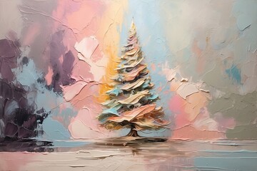 An ethereal and delicate abstract oil painting, vibrant pastel colors splashing and blending in harmonious chaos. At its core stands a majestic Christmas tree. Generative Ai. - obrazy, fototapety, plakaty