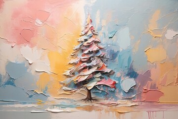 An ethereal and delicate abstract oil painting, vibrant pastel colors splashing and blending in harmonious chaos. At its core stands a majestic Christmas tree. Generative Ai.