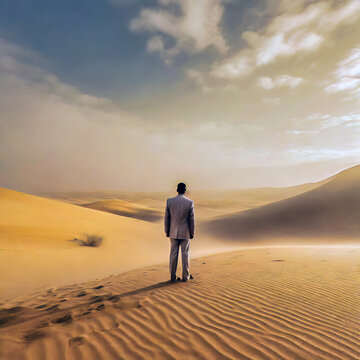 MAN IN SUIT LOOKS AT THE IMMENSITY OF THE DESERT IN ITS SOLITUDE