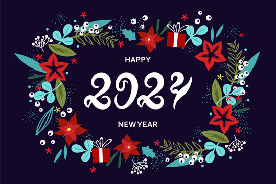 2024 New Year. Template  for cards, stickers, flyers. Flat cartoon style. Traditional greeting. Colorful Christmas wreath.	