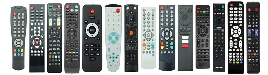 Tv remote controller set, remote devices collection, isolated white background, PNG isolated - obrazy, fototapety, plakaty