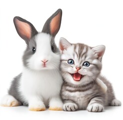 White bunny and tabby kitten close together as best friend, isolated on white background