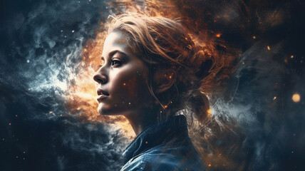 Portrait of a beautiful young woman with flying hair and smoke in the background generativa IA