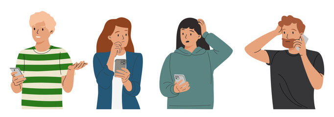Sad upset people during unpleasant mobile phone calls. Stressed worried men, women talking on cellphone about bad news. - obrazy, fototapety, plakaty