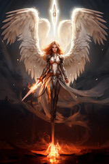 warrior angel descends from heaven. ai generated